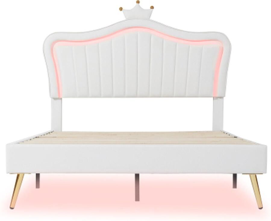 Gotagee Kinderbed 140x200cm Gestoffeerd bed (zonder matras) met LED PU Wit