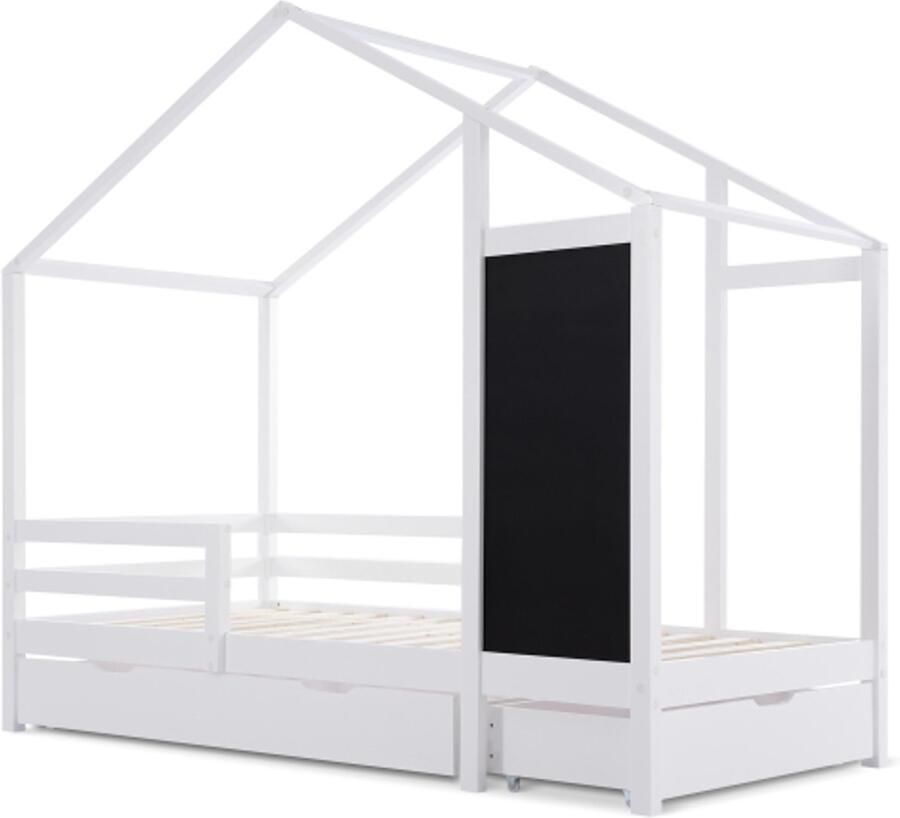 Gotagee Kinderbed 90 x 200 cm houten bed met schoolbord en 2 lades massief hout met hek en lattenbodem huisbed wit (zonder matras)