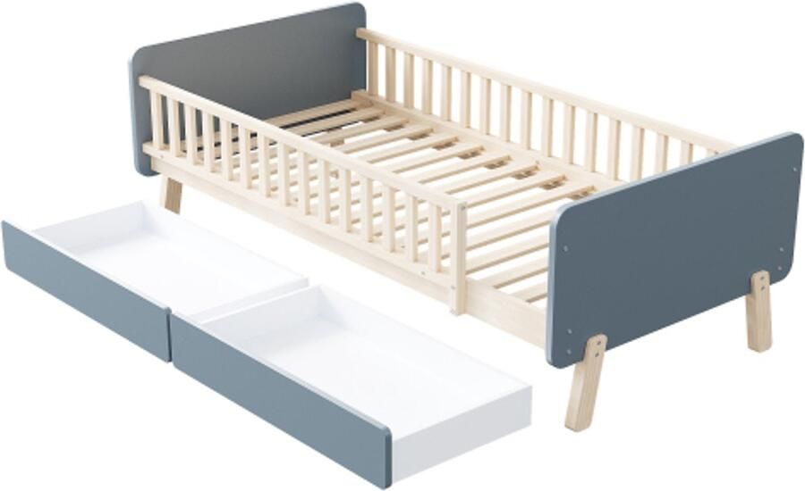 Gotagee Kinderbed 90x190 met 2 lades eenpersoonsbed van massief hout met lattenbodem grijs