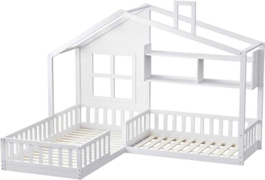 Gotagee Kinderbed 90x200 cm (140x70 cm) Met raam en schoorsteen in de vorm van een huis Met planken kamerhoge bedstee van massief hout Met veiligheidsrooster en lattenbodem wit(zonder matras)
