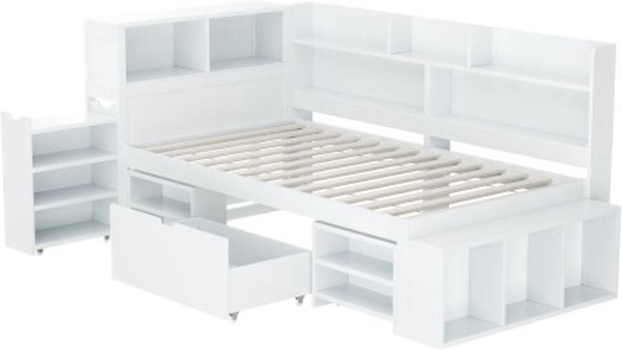 Gotagee Kinderbed 90x200 cm eenpersoonsbed multifunctioneel kinderbed met lades boekenkast en opbergkast veel opbergruimte lattenbodem zonder matras wit