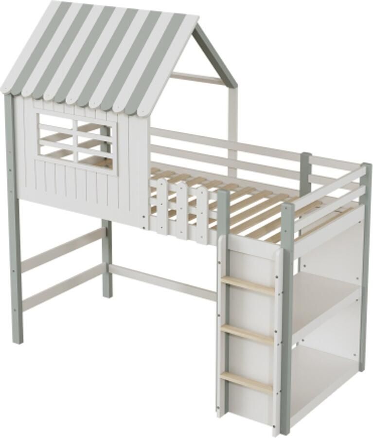Gotagee Kinderbed 90x200 cm hoog en laag bed thuisbed dakvorm met veiligheidsladder met opbergvak multifunctioneel bed massief houten bed met lattenbodem groen