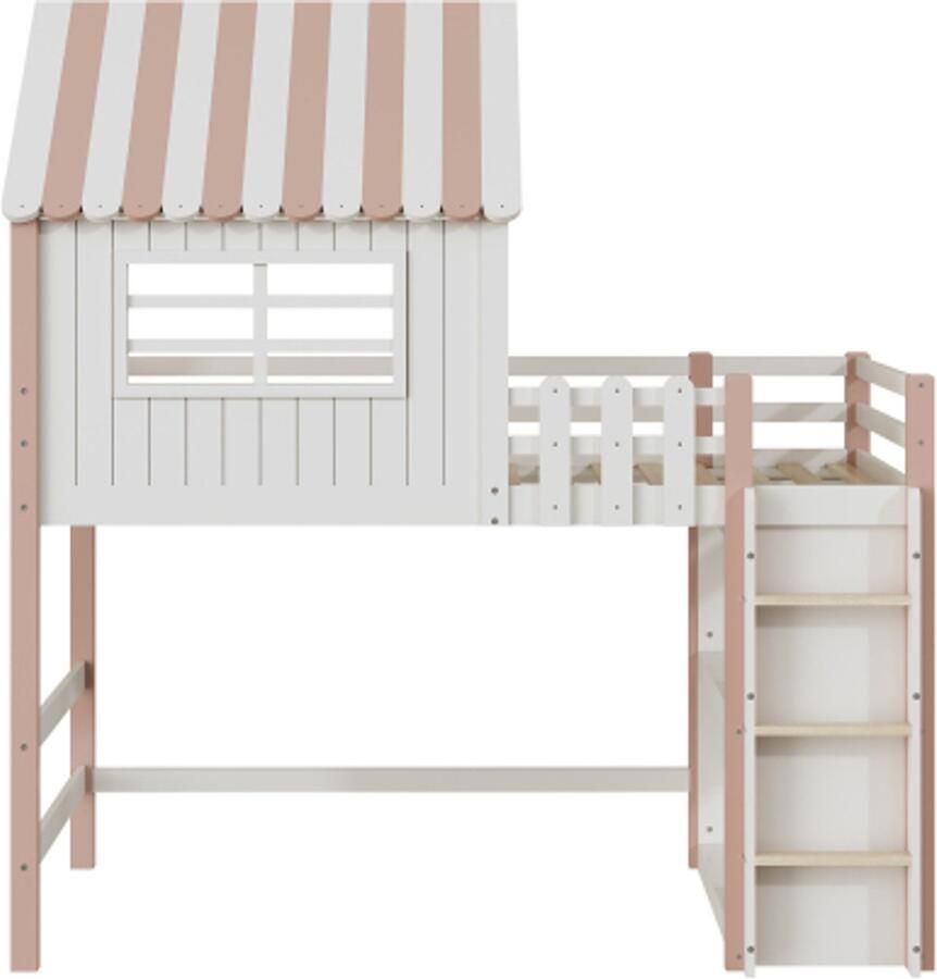 Gotagee Kinderbed 90x200 cm hoog en laag bed thuisbed dakvorm met veiligheidsladder met opbergvak multifunctioneel bed massief houten bed met lattenbodem roze