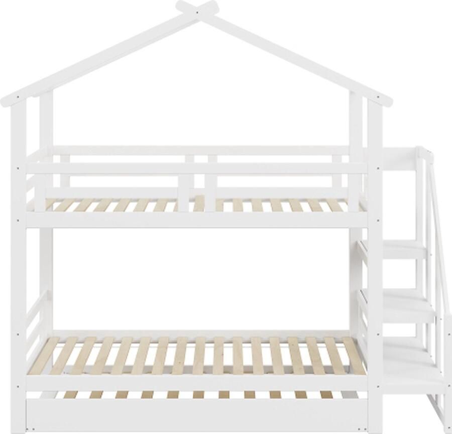 Gotagee Kinderbed 90x200 cm Massiefhouten Stapelbed met Opbergruimte en Veiligheidsladder met Rollende Lade met Lattenbodem Wit