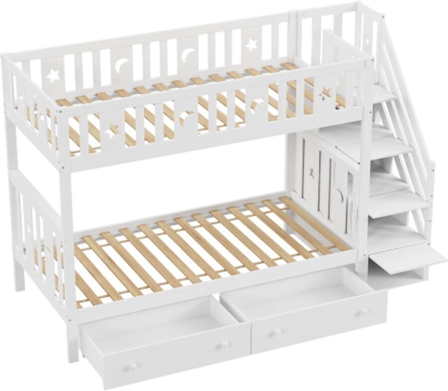 Gotagee Kinderbed 90x200 cm stapelbed met veiligheidsladder opbergladder twee grote lades en lattenbodem wit