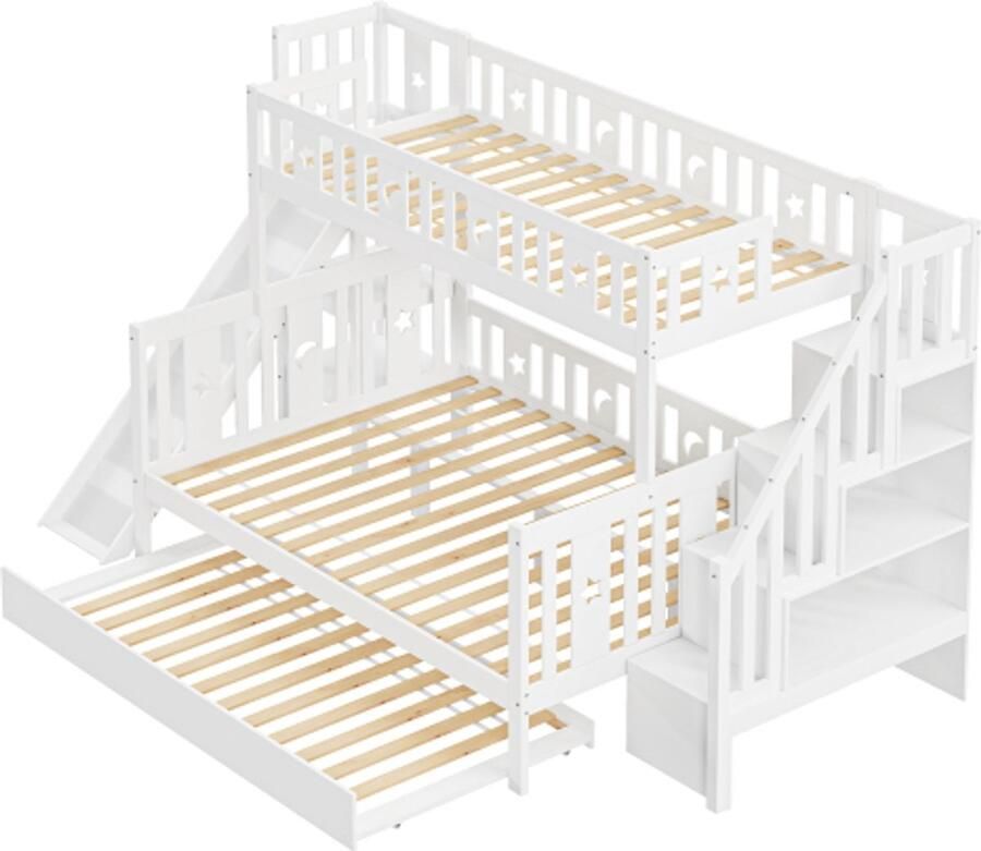 Gotagee Kinderbed 90x200 140x200 cm massief houten stapelbed met glijbaan en plank met veiligheidstreden uitschuifbed en lattenbodem wit(zonder matras)