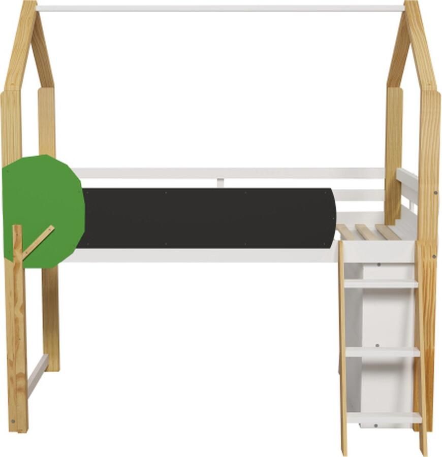 Gotagee Kinderbed 90x200cm eenpersoonsbed (zonder matras) hoogslaper multifunctioneel bed huisbed wit houtkleur met graffitibord ladder en opbergkast