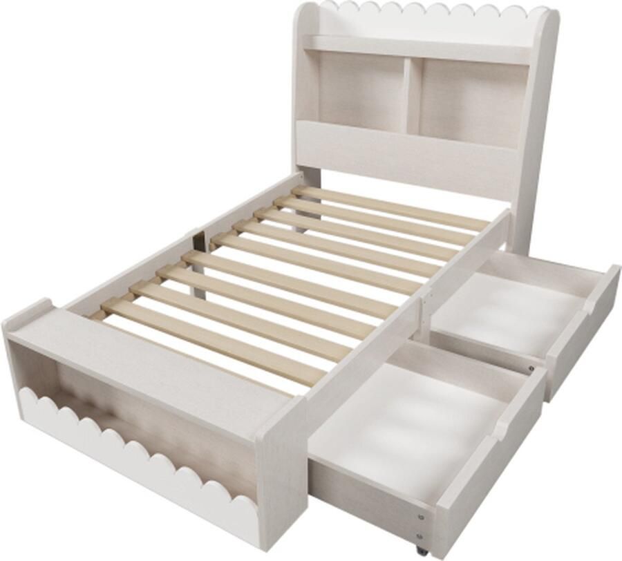 Gotagee Kinderbed 90x200cm eenpersoonsbed (zonder matras) opbergbed met lades plank en bank met opbergruimte houten bed met lattenbodem wit