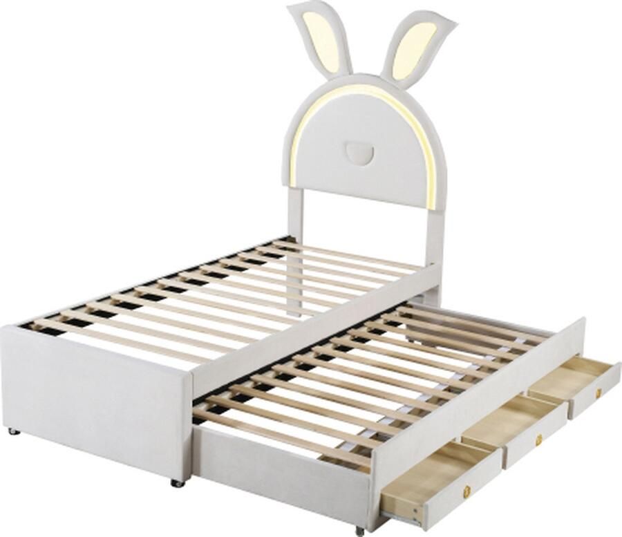 Gotagee Kinderbed 90x200cm Gestoffeerd bed (zonder matras) met LED Beige Fluweel