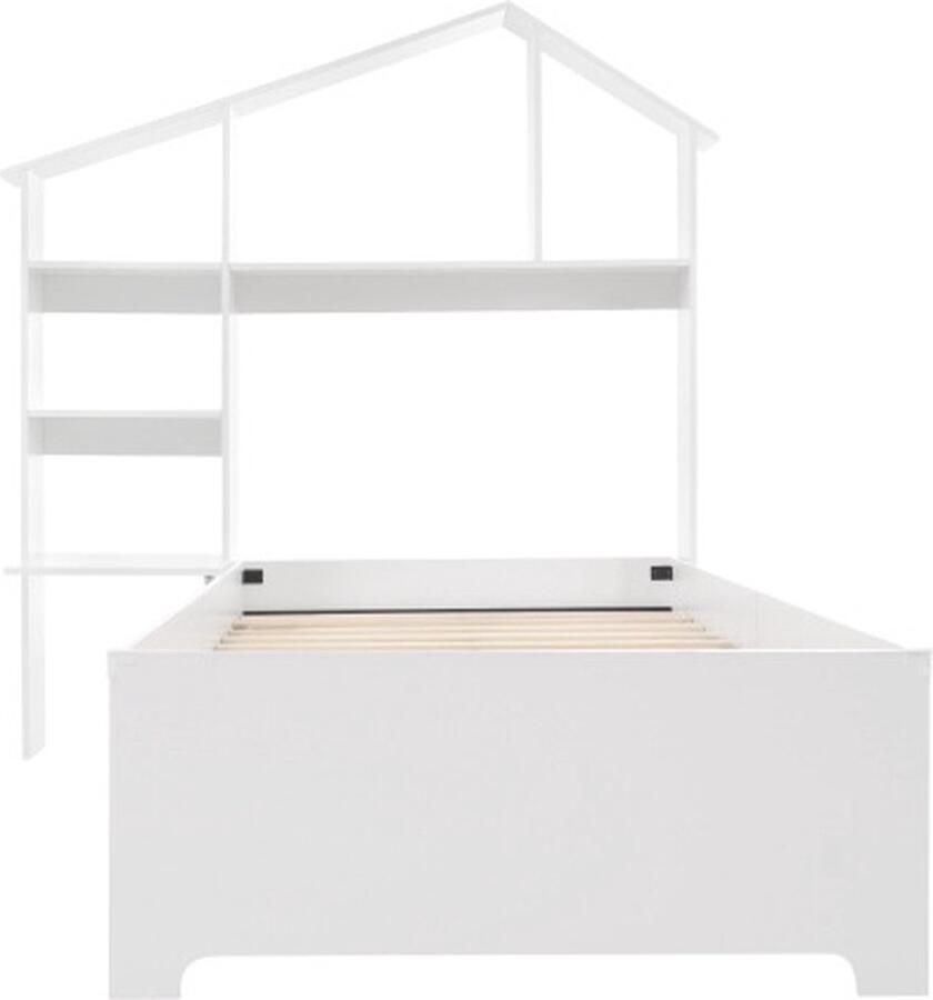 Gotagee Kinderbed 90x200cm houten bed (zonder matras) opbergbed eenpersoonsbed massief houten bed jeugdbed wit met boekenplanken en lattenbodem