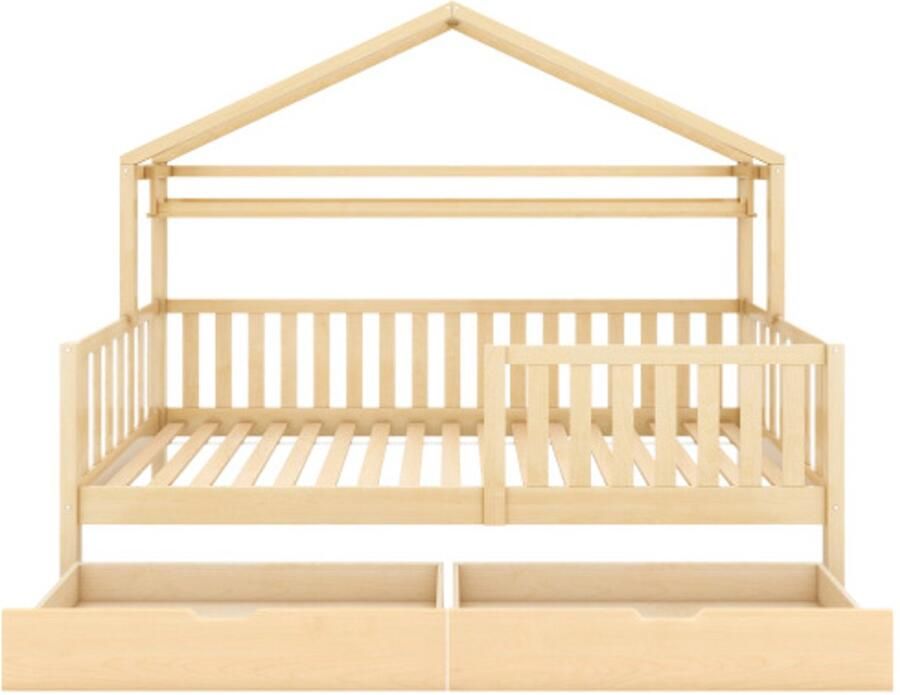 Gotagee Kinderbed 90x200cm huisbed met lades met lattenbodem grenenhouten huisbed kinder- en jeugdkamer houtkleur