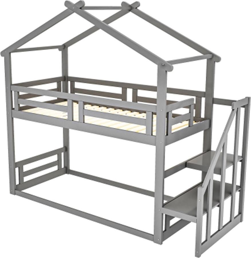 Gotagee Kinderbed 90x200cm laag stapelbed met veiligheidstrap stapelbedframe met lattenbodem grijs