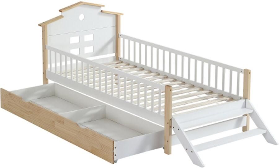 Gotagee Kinderbed 90x200cm met valbeveiliging en reling met zijladder dakontwerp adolescenten en volwassenen vlakke bed houten bed grenen frame grenen+MDF wit+naturel