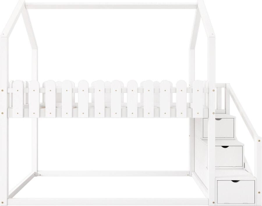 Gotagee Kinderbed 90x200cm stapelbed (zonder matras) wit grenen massief houten bed huisbed eenpersoonsbed met 3 treden en opbergvakken