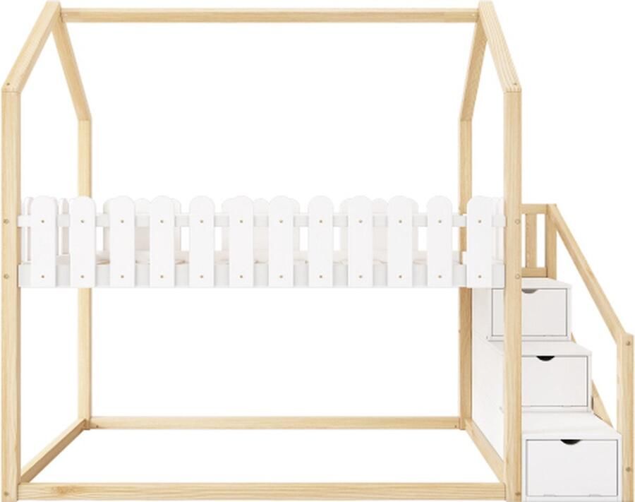 Gotagee Kinderbed 90x200cm stapelbed (zonder matras) wit grenen massief houten bed huisbed eenpersoonsbed met 3 treden en opbergvakken