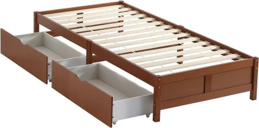 Gotagee Kinderbed 90x200cm vlak bed (zonder matras) houten bed tweepersoonsbed grenen roodbruin jeugdbed twee lades met wielen vintage houtkleuren