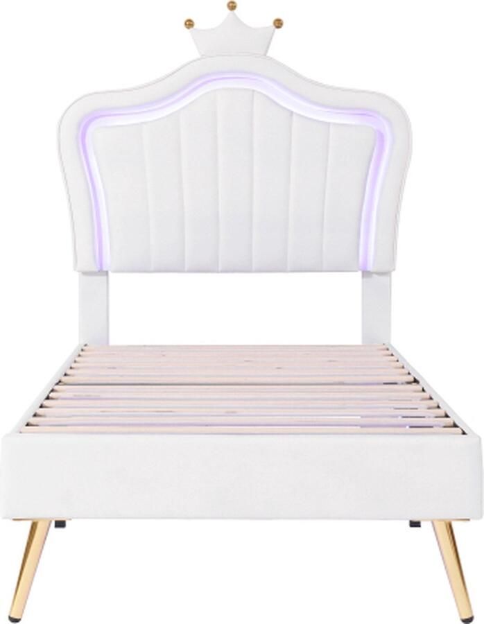 Gotagee Kinderbed 90x200cm Zonder matras Gestoffeerd bed Wit PU Met LED Fluweel Roze