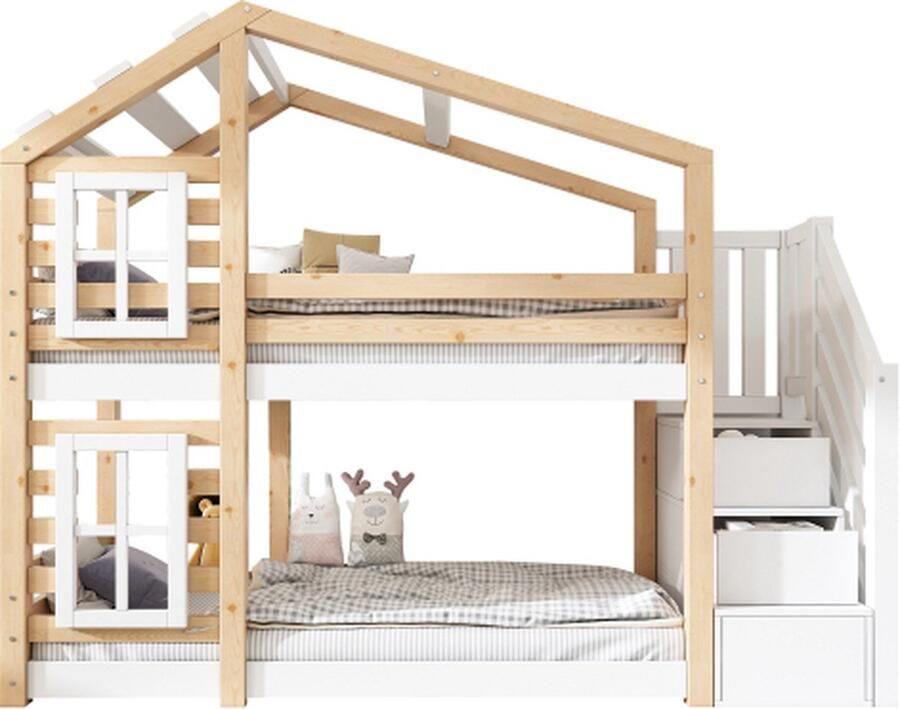 Gotagee Kinderbed boomhut 90 x 200 cm stapelbed voor kinderen in raamconstructie met opbergruimte en valbeveiliging naturel & wit inclusief plank 2x lattenbodem (zonder matras) - Foto 2