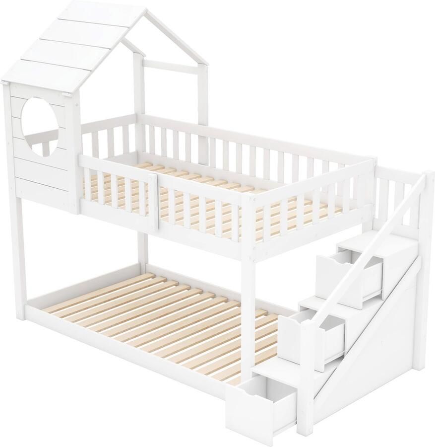 Gotagee Kinderbed Boomhut Eenpersoonsbed 90x200 Huisbed Stapelbed Opbergruimte Laagbed