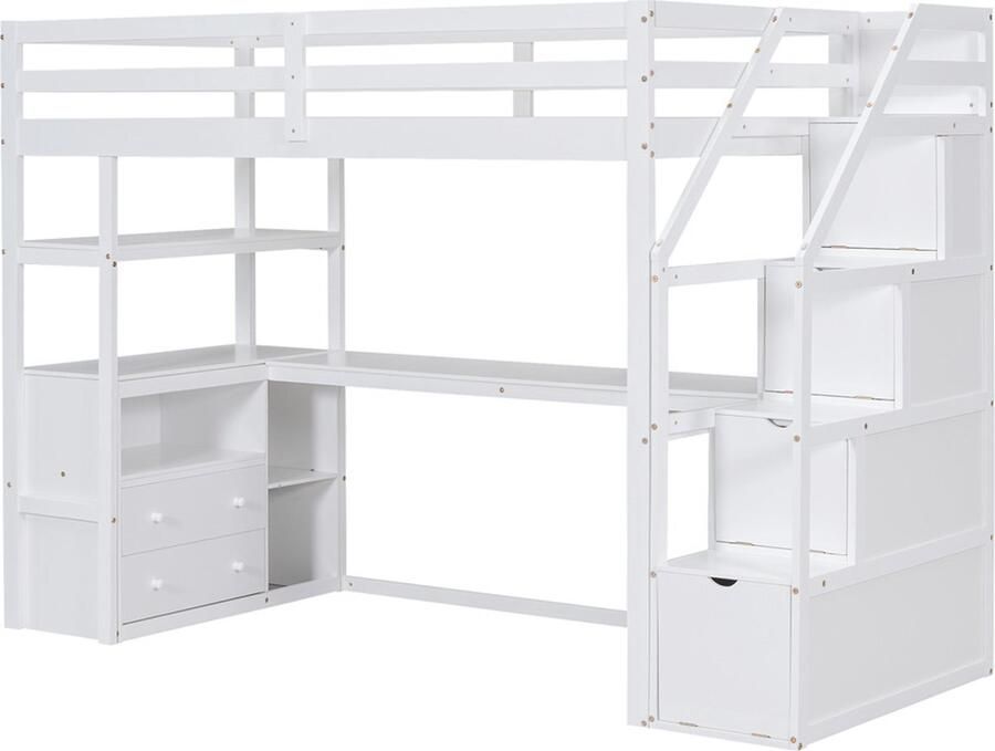 Gotagee Kinderbed eenpersoonsbed modern 90x200 cm bed op hoogte met opbergruimte en trap met tafel wit