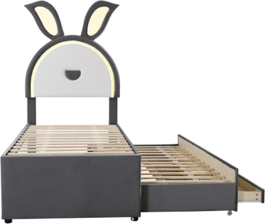 Gotagee Kinderbed gestoffeerd bed 90 x 200 cm fluwelen stof. Multifunctionele gestoffeerde eenpersoons slaapbank met uitschuifbaar bed opberglade en kleurveranderende LED-lamp grijs