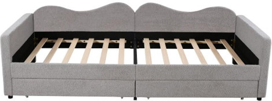Gotagee Kinderbed gestoffeerd bed 90x200 cm slaapbank met 2 lades bedframe teddybeerstof multifunctioneel zacht bed met rugleuning en armleuningen jeugdbed logeerbed grijs