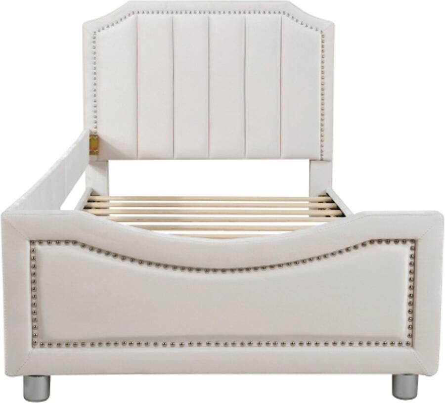 Gotagee Kinderbed gestoffeerd bed 90x200cm slaapbank bedframe flanel multifunctioneel zacht bed met rugleuning armleuning ouder-kind bed jeugdbed logeerbed beige