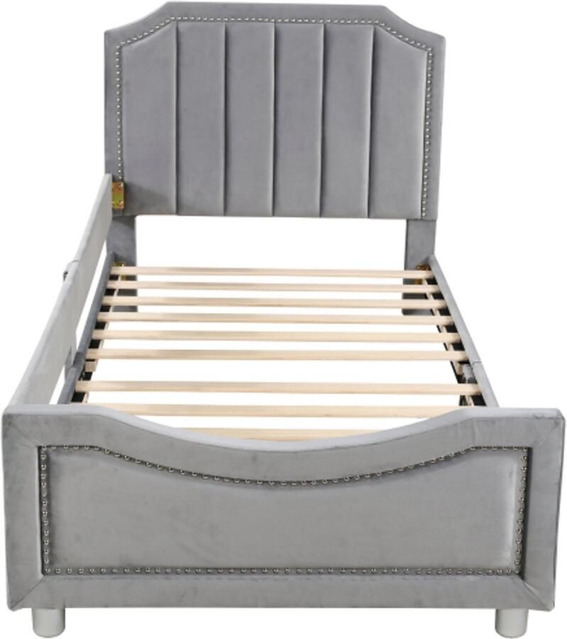 Gotagee Kinderbed gestoffeerd bed 90x200cm slaapbank bedframe flanel multifunctioneel zacht bed met rugleuning armleuning ouder-kind bed jeugdbed logeerbed grijs