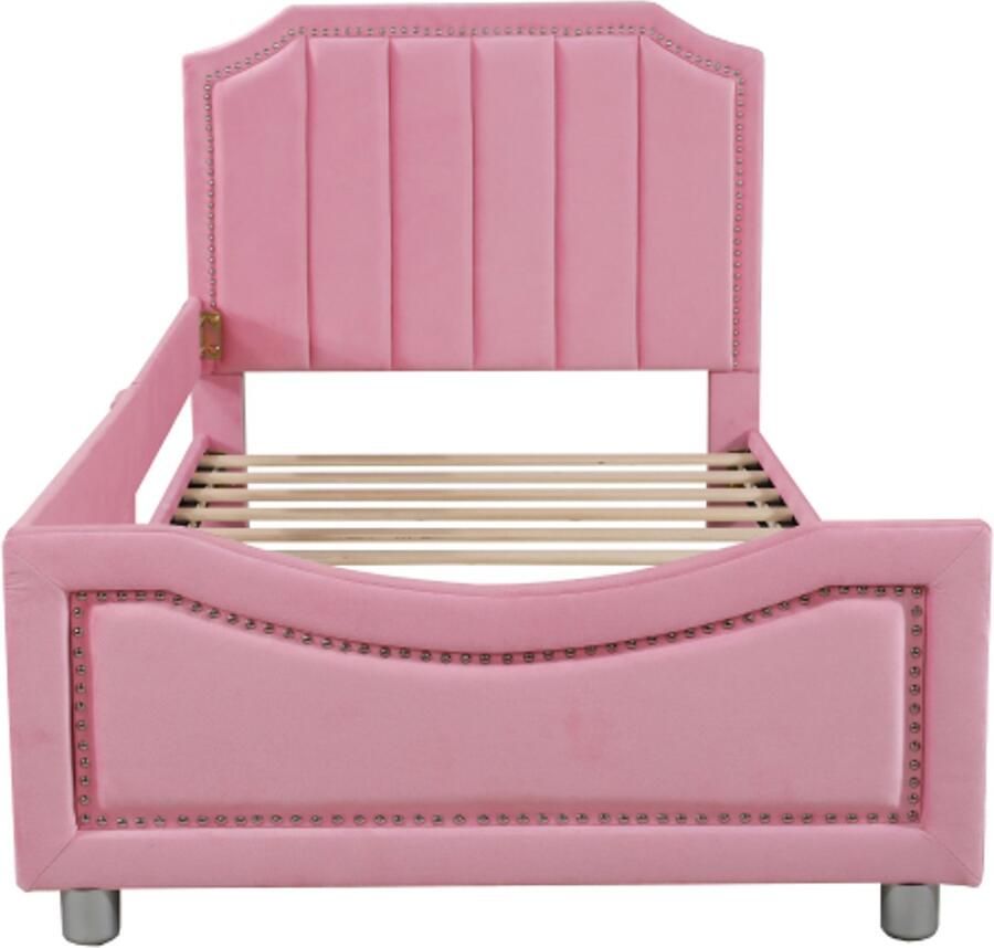 Gotagee Kinderbed gestoffeerd bed 90x200cm slaapbank bedframe flanel multifunctioneel zacht bed met rugleuning armleuning ouder-kind bed jeugdbed logeerbed roze