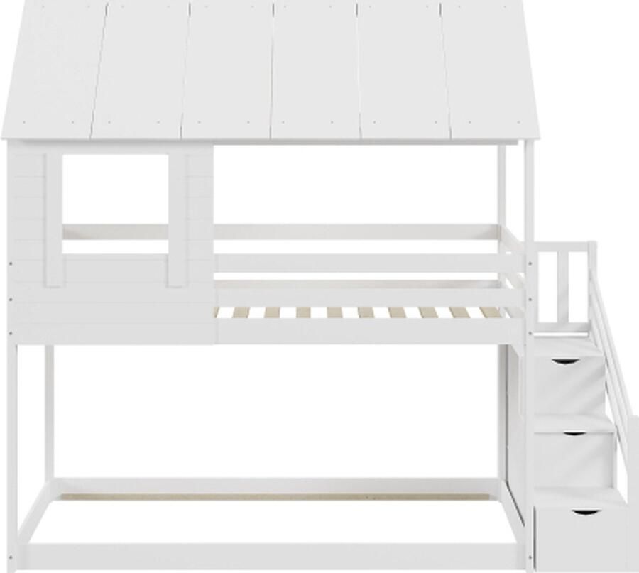 Gotagee Kinderbed Houten Stapelbed 90 x 200 cm Dakconstructie Veiligheidstrap met Meerdere Opbergvakken Lattenbodem Eenpersoonsbed Kinderbed