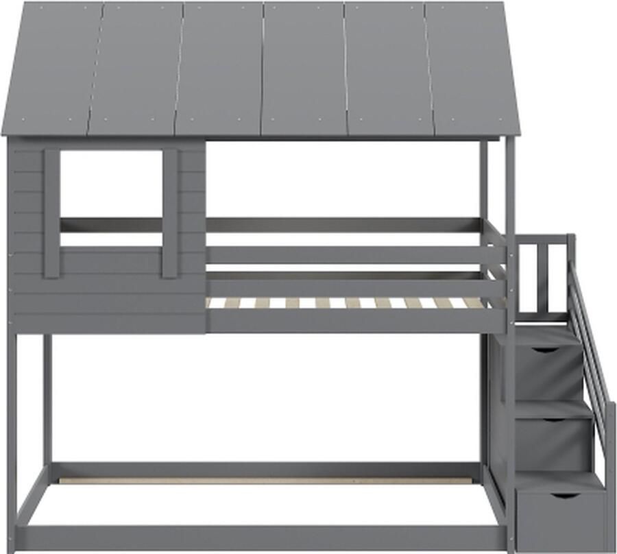 Gotagee Kinderbed Houten Stapelbed 90 x 200 cm Dakconstructie Veiligheidstrap met Meerdere Opbergvakken Lattenbodem Eenpersoonsbed Kinderbed