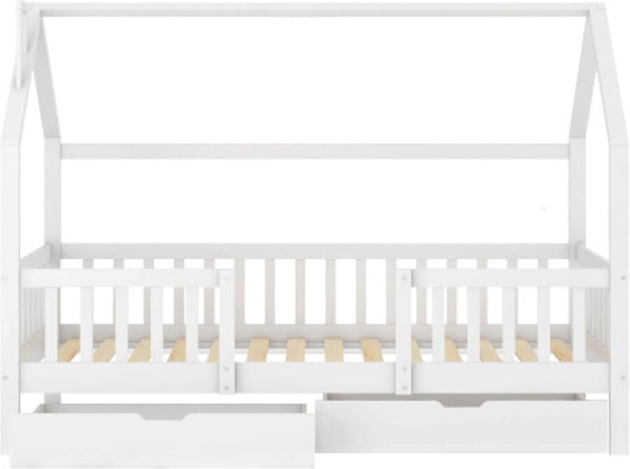 Gotagee Kinderbed huisbed met twee lades lattenbodem grenenhouten huisbed voor kinderen 90 x 200 cm zonder matras wit