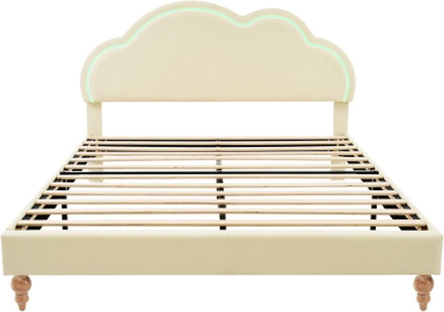 Gotagee Kinderbed LED tweepersoonsbed 160 x 200cm gestoffeerd bedframe met lattenbodem en verstelbaar hoofdeinde PU bed in crème wolkenhoofdeinde bedframe jeugdbed voor slaapkamer logeerkamer