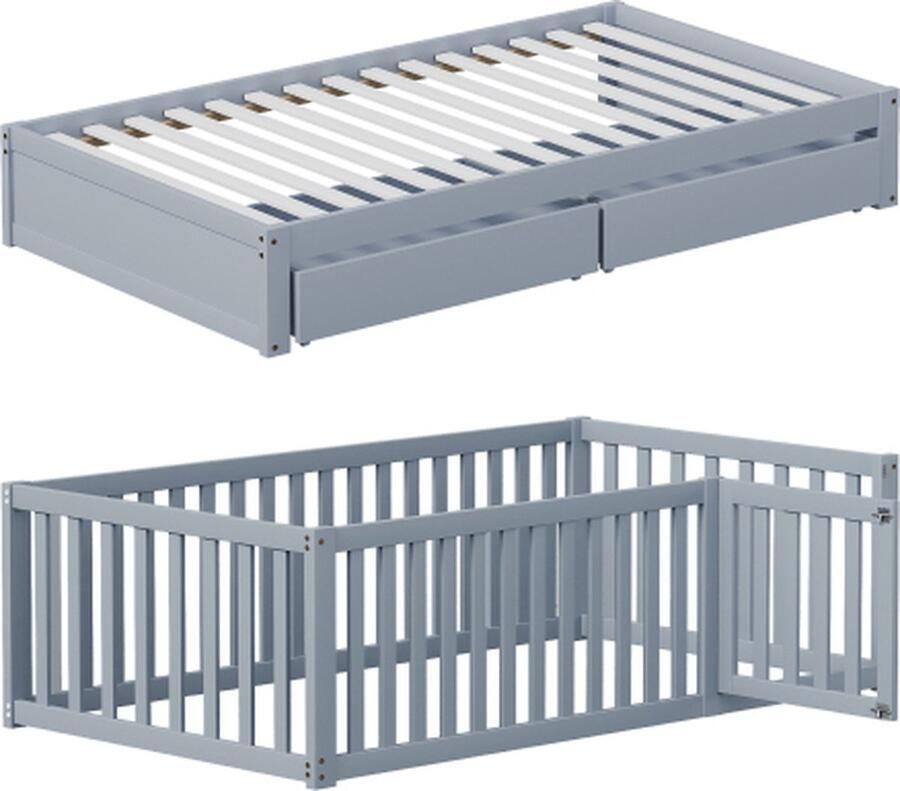 Gotagee Kinderbed met Volledige Afsluiting 90 x 200cm Multifunctioneel Bedframe om te veranderen in twee aparte bedden Grijs