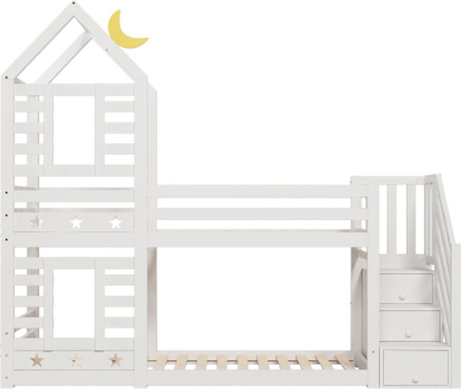 Gotagee Kinderbed stapelbed boomhut met lades en valbeveiliging 90 x 200 cm hoogslaper voor kinderen 2x lattenbodem wit-zonder matras