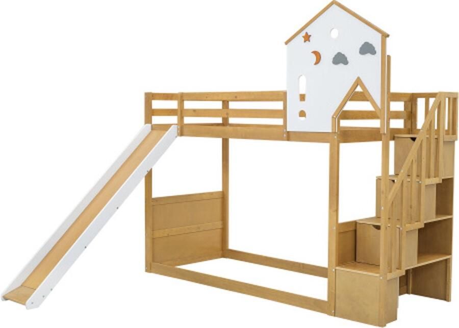Gotagee Kinderbed stapelbed huisbed 90x200cm met glijbaan grenen jeugdbed tweepersoonsbed