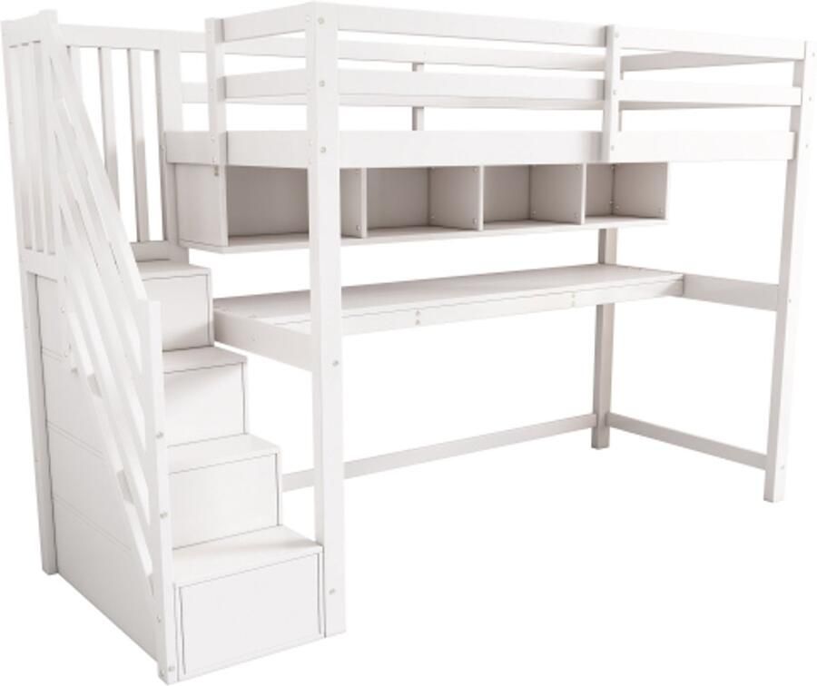Gotagee Kinderhoogslaper 90x200cm met opbergtrap stapelbed kinderbed met bureau en planken
