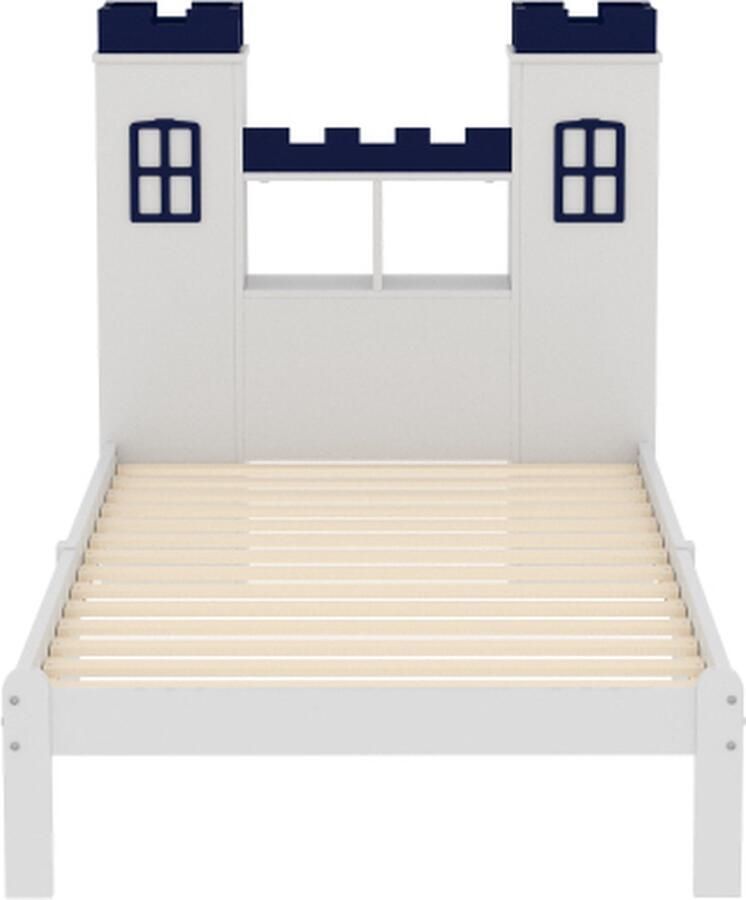 Gotagee Massiefhouten Bed 90x200 cm Kasteelvorm met meerdere opbergruimtes Lattenbodem Kinderbed Jongerenbed Eenpersoonsbed