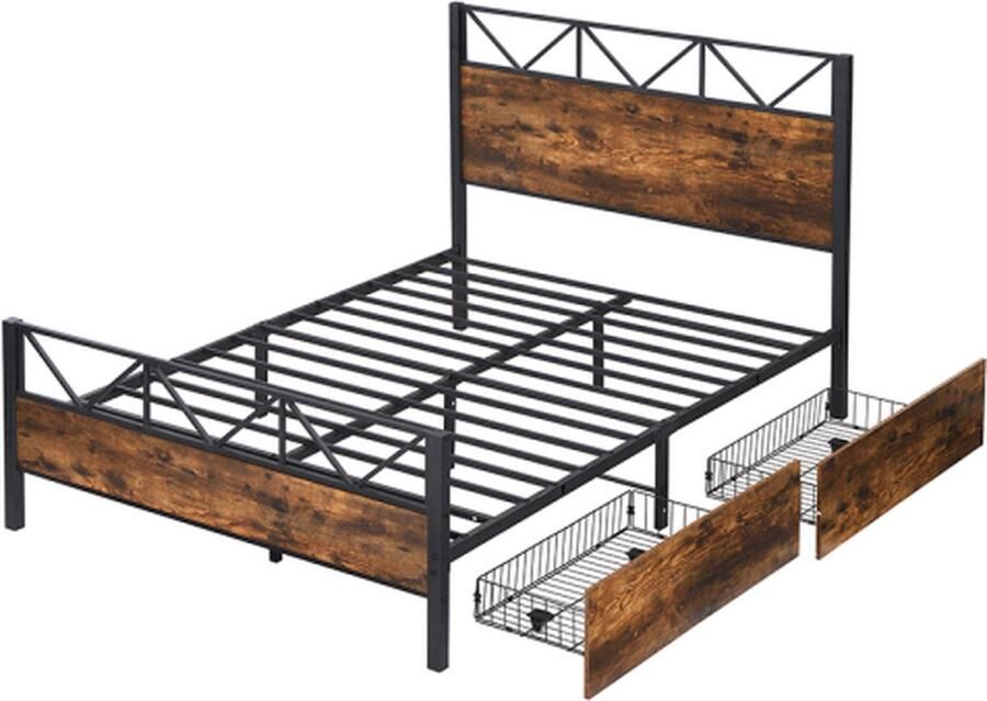 Gotagee Metalen bed 140x200cm plat bed (zonder matras) bedframe jeugdbed ijzeren bed met lades logeerbed vintage houtkleuren metalen frame plat bed