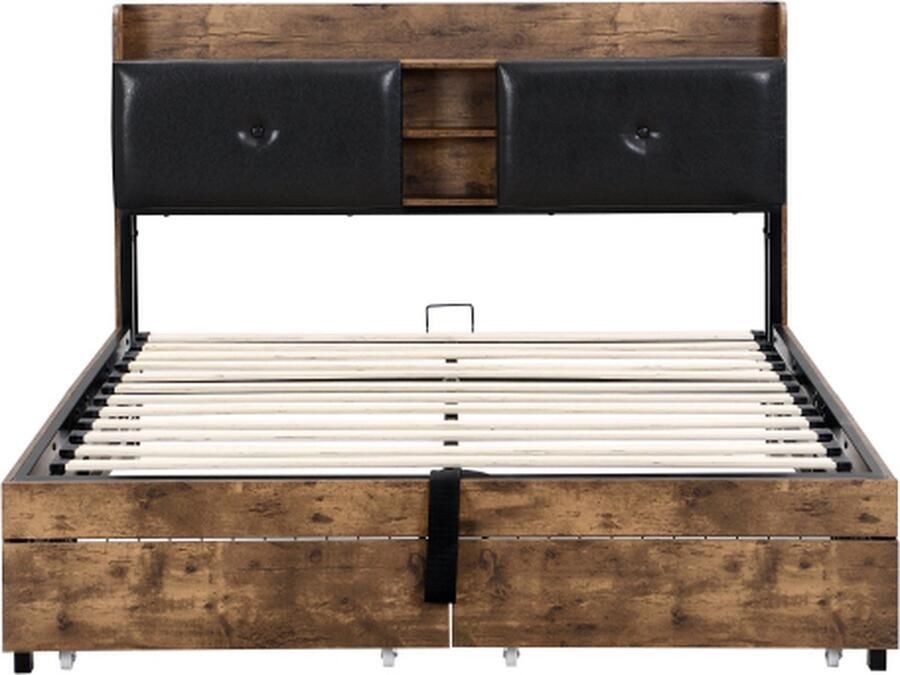 Gotagee Metalen bed 140x200cm hydraulisch bed (zonder matras) jeugdbed tweepersoonsbed houtkleur en zwart met opbergruimte hoofdeinde volwassen bed kinderbed