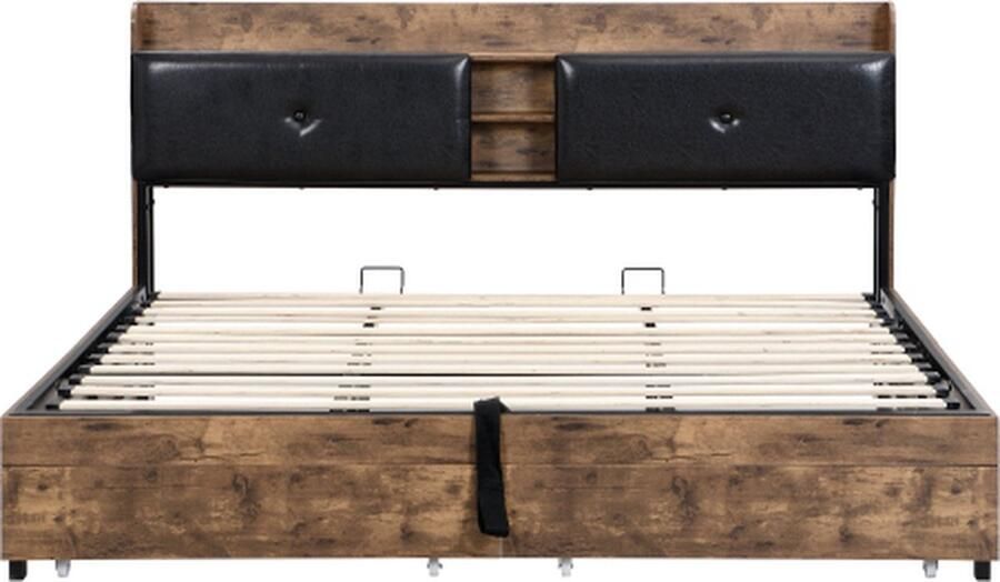 Gotagee Metalen bed 180x200cm hydraulisch bed (zonder matras) jeugdbed tweepersoonsbed houtkleur en zwart met opbergruimte hoofdeinde volwassen bed kinderbed