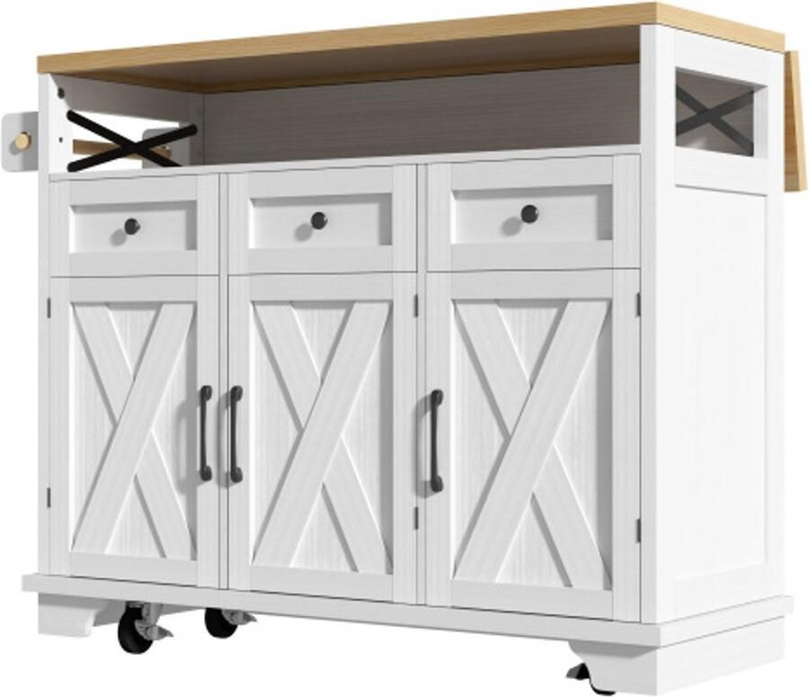 Gotagee Modern keukeneiland (118×43-80×98cm) keukenkast eetkamerkast met houtnerf eetwagen met wielen met multifunctionele opbergruimte verwijderbare verdelers met handdoekhouder wit