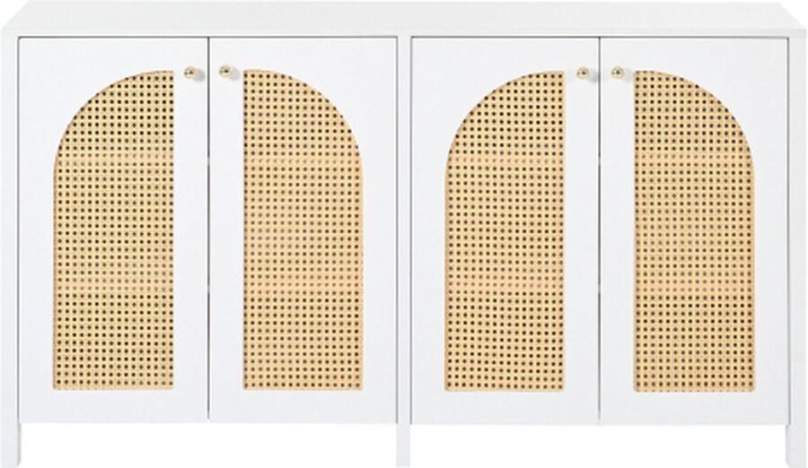 Gotagee Modern Sideboard In Minimalistische Stijl 4-Rieten Deuren Met Metalen Handgreep Eenvoudige Buffetkast Voor Eetkamer Woonkamer Keuken Wit