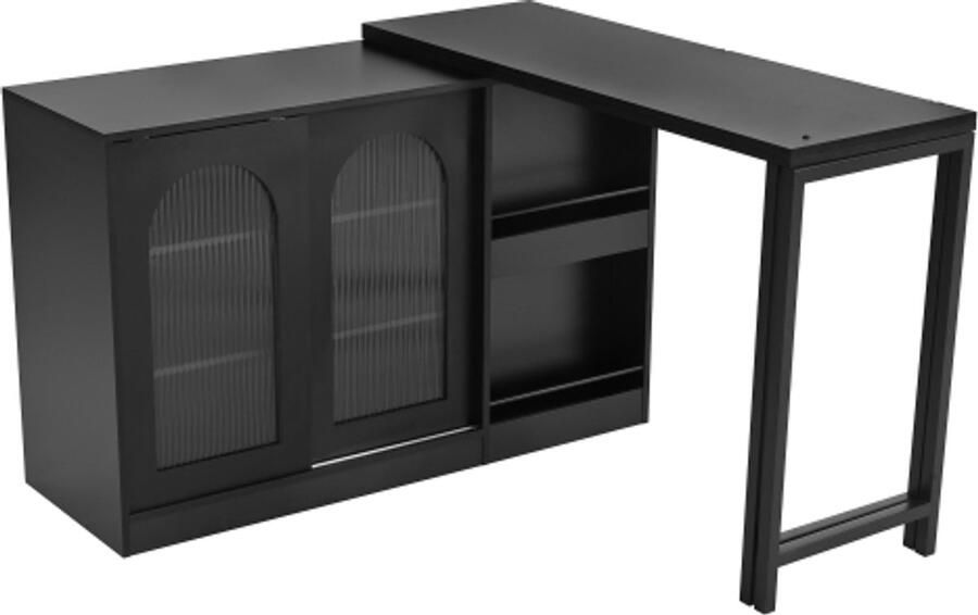 Gotagee Moderne bartafel uitschuifbare 360° draaibare bartafel met opbergruimte omkeerbare tafel dressoir bar met glazen kastdeur bartafel voor keuken koffiebarmeubel zwart