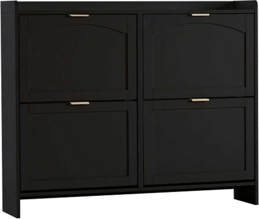 Gotagee Moderne schoenenkast met 4 klepvakken vrijstaand schoenenrek open planken geschikt voor entree of hal zwart afmetingen: B110 H90 D24 cm - Foto 2