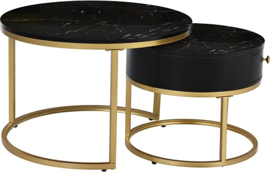 Gotagee Nesting salontafel Hoogglans marmerpatroon set van 2 Ronde bijzettafels Zwart