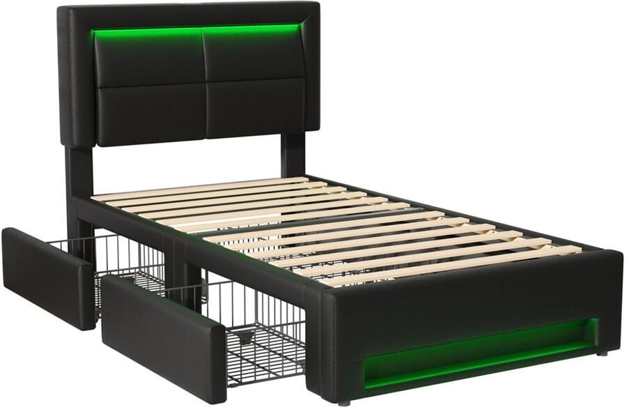Gotagee Opbergbed Eenpersoonsbed Opslagbed Multifunctioneel bed Vlak bed Slaapkamerbed Gastbed Met 4 lades Met LED-verlichting Met USB-oplaadpoort en draadloze oplaadpoort Eenvoudig bed voor de slaapkamer Bed zonder matras 90x190cm