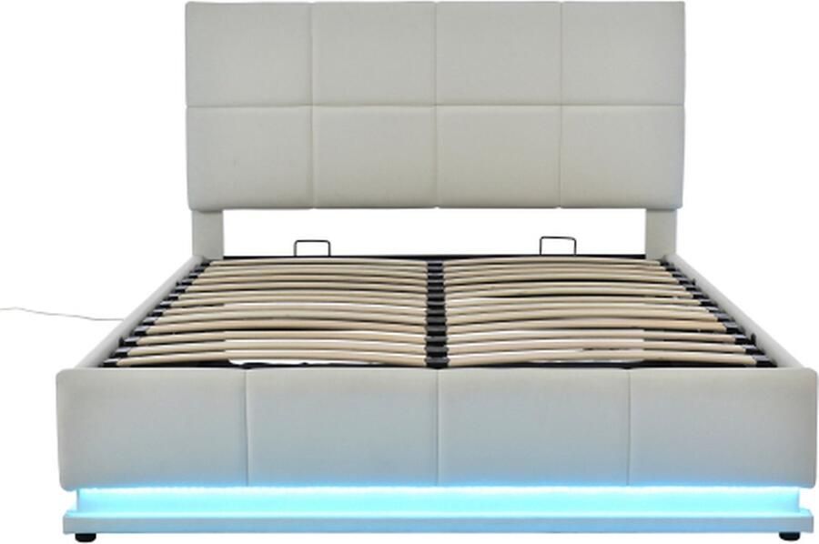 Gotagee Polsterbed 140 x 200 cm met LED Metaallattenbodem Opbergruimte Tweepersoonsbed met Verstelbare Hoofdeinde Hydraulisch Opslagsysteem Grijs (zonder Matras)