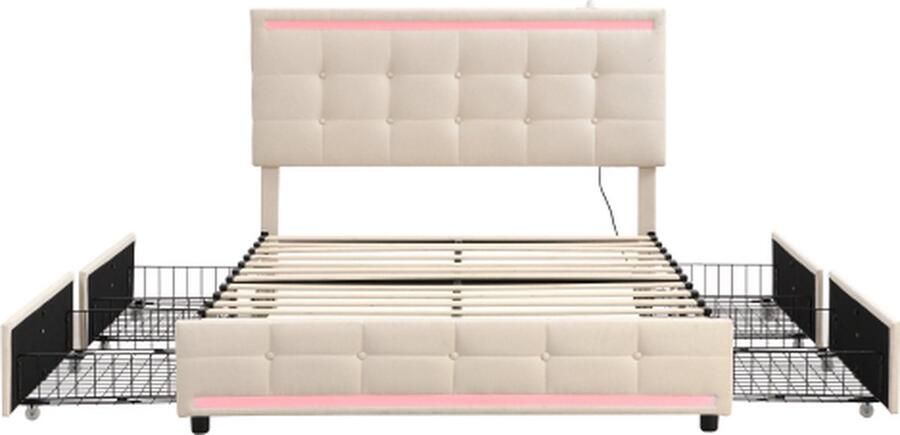 Gotagee Polsterbed 140x200cm Tweepersoonsbed (zonder matras) Platformbed met Opbergruimte 4 Lade en 2 USB-oplaadstations LED Linnen Beige