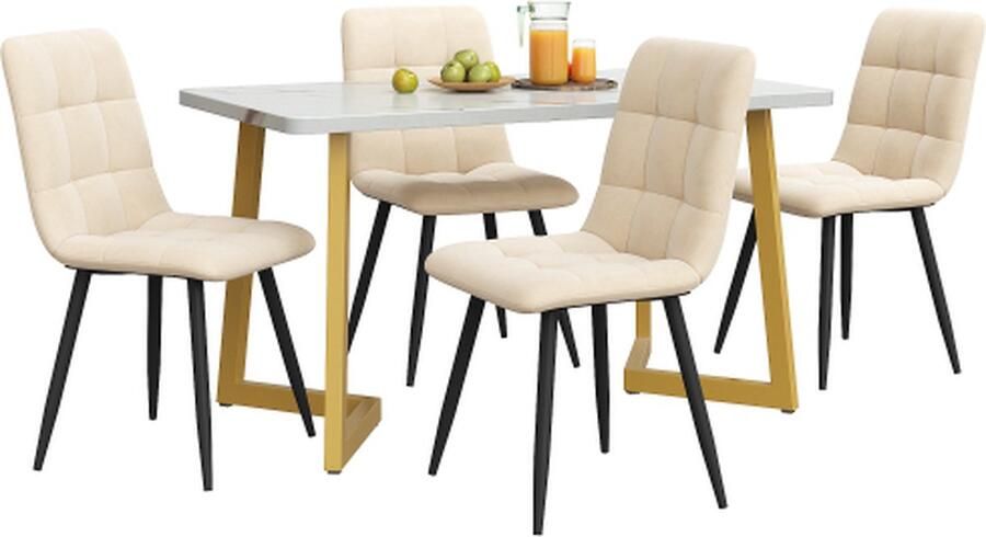 Gotagee Rechthoekige eettafel met 4 stoelen set Beige Fluweel Eetkamerstoel Keukentafel set Gouden tafelpoten
